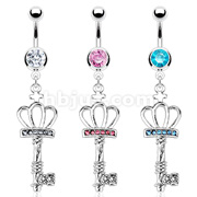 316L Surgical Steel Navel Ring with Crowned Royal Key with Paved Gems Dangle