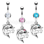 316L Surgical Steel Dolphin 'LOVE' Navel Ring with CZ