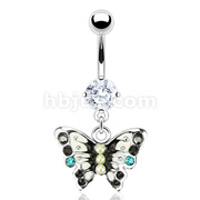 316L Surgical Steel Multi Color Epoxy Coated Butterfly with Black & Aqua CZs and Pearls Navel Ring