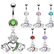 316L Surgical Steel Claddagh Crown Heart Pave Gemmed Navel Ring