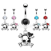 316L Surgical Steel Skull with Pave Gemmed Heart Navel Ring