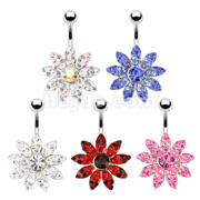 316L Surgical Steel Navel Ring with Full Bloom Multi-Gem Flower. 