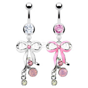 316L Surgical Steel Navel Ring with Epoxy Bow Tie with CZ Clusters