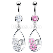 316L Surgical Steel Navel Ring with Teardrop Loop with Epoxy Flowers and CZ