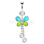 316L Surgical Steel Navel Ring with Duo Tone Epoxy Butterfly with CZ Dangle