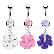 316L Surgical Steel Navel Ring with Micro Pave CZ Strip Epoxy Flower Dangle