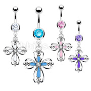 316L Surgical Steel Navel Ring with Epoxy Centered CZ Heart Cross Dangle