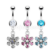 316L Surgical Steel Navel Ring with Multi Pave Gemmed Flower Dangle