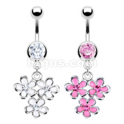 316L Surgical Steel Navel Ring with Multi Epoxy Flower with CZ Dangle