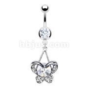 316L Surgical Steel Navel Ring with CZ Heart Butterfly Dangle