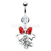316L Surgical Steel Navel Ring with Red & White Epoxy Cute Bow Tie with Triple CZ Dangle