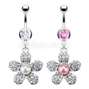316L Surgical Steel Navel Ring with Multi Pave Gemmed Flower with Faux Pearl Blossom Center
