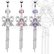 316L Surgical Steel Navel Ring with Textured Bow Tie with Beaded Chain Drop CZ