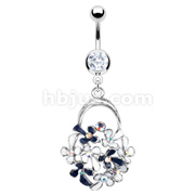 316L Surgical Steel Navel Ring with Multi White & Blue Epoxy Flower Clusters with CZs