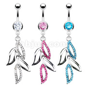 316L Surgical Steel Navel Ring with Pave Gemed Vine Leaves Dangle