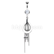 316L Surgical Steel Navel Ring with White Epoxy Tear Drop with Curvy Bar CZ Chains Dangle