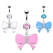 316L Surgical Steel Navel Ring with Epoxy Bow Tie with CZs on Center