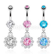 316L Surgical Steel Round CZ Flower with Paved Gem Petals Navel Ring