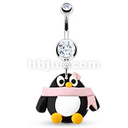 316L Surgical Steel Navel Ring with Hardened Clay Penguin with Scarf Dangle