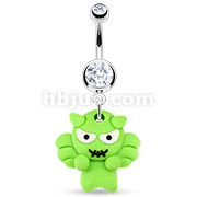 316L Surgical Steel Navel Ring with Hardened Clay Green Virus Demon Dangle