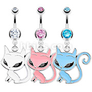 316L Surgical Steel Navel Ring with Enamel Colored Sassy Kitty Character Dangle