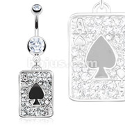 316L Surgical Steel Multi Paved Gem Black Spade Ace Poker Card Navel Ring