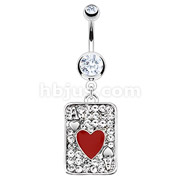 316L Surgical Steel Multi Paved Gem Red Heart Ace Poker Card Navel Ring