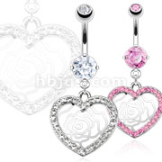 316L Surgical Steel Multi Paved Gem Clear CZ Surrounding Heart Frame with Floral Cut Out Navel Ring
