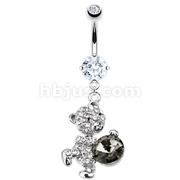 316L Surgical Steel Large CZ Snuggling Dangle Teddy Bear Paved Gem Navel Ring