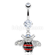 316L Surgical Steel Multi Paved Red/Black Striped Bumble Bee Dangle Navel Ring