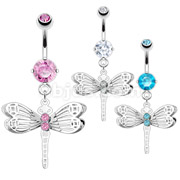 316L Surgical Steel Gemmed Dragonfly w/Layered Wing Dangle Navel Ring