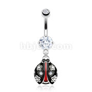 316L Surgical Steel Flower Paved Black Red Accent Lady Bug Navel Ring