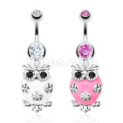 316L Surgical Steel Fluffy Owl Paved Clear & Black Gem Navel Ring