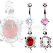316L Surgical Steel Red Oval Gem with Multi Clear Gem Rim Turtle Navel Ring