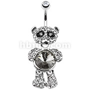 316L Surgical Steel Double Dangle Large CZ Centered Panda Bear Paved Gem Navel Ring