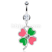 316L Surgical Steel Navel Ring with Enamel Colored Lucky Clover With CZ Focal Point Dangle