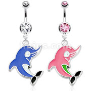 316L Surgical Steel Navel Ring with Enamel Colored Cartoony Dolphin Character Dangle