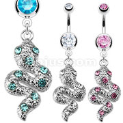 316L Surgical Steel Double Jeweled Navel Ring with Gem Paved Snake Dangle