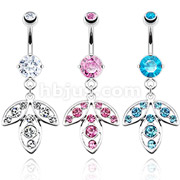 316L Surgical Steel Three Leaf with Paved Gem Drops Fancy Navel Ring