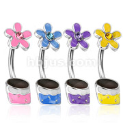 316L Surgical Steel Epoxy Coated Gemmed Flower Pot Navel Ring