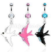 316L Surgical Steel Navel Ring with Enamel Colored Swallow with Line of CZ on Wings Dangle