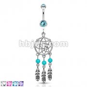 316L Surgical Steel Dream Catcher Net with Bead Based Feathers Fancy Navel Ring