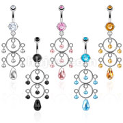 316L Surgical Steel Prong Set CZ Navel with Faceted Beads Twin Circle Dangle