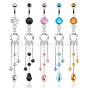 316L Surgical Steel Prong Set CZ Navel with Faceted Beads Asymmertical Vine Dangle