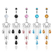 316L Surgical Steel Prong Set CZ Navel with Faceted Beads Symmetry Vine Dangle