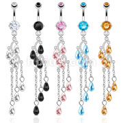 316L Surgical Steel Prong Set CZ Navel with Faceted Beads Waterfall Vine Dangle