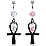 316L Surgical Steel Navel Ring Black Acrylic Ankh with Bead Dangle