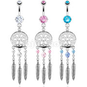 316L Surgical Steel Dream Catcher Web with Crystal Bead Based Feathers Fancy Navel Ring