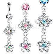 316L Surgical Steel Double Flowers with Multi Paved CZs Dangle Navel Ring
