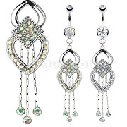 316L Surgical Steel Multi Paved Diamond and Hearts with CZ Falls Dangle Navel Ring